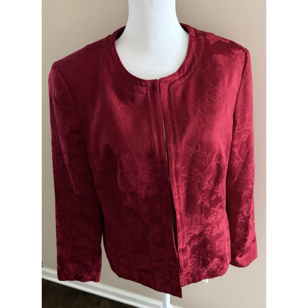 Karen Scott Women's Red Floral Lined Open Front Jacket Long Sleeve Size 10